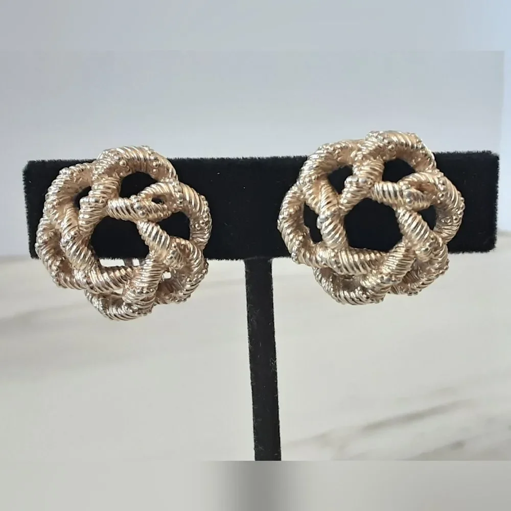 CINER Gold Plate Knot Clip On | Twisted Textured Rope Design Earrings - Vtg